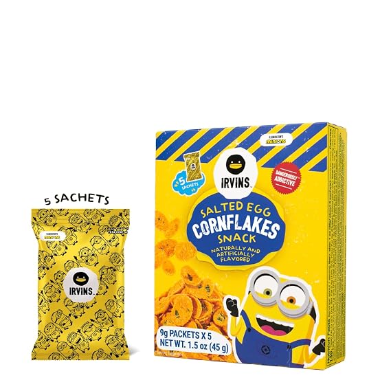 IRVINS x MINIONS Salted Egg Cornflakes Snack Crispy and Savory Premium Snack Made with Real Salted Egg & Hand Cooked, Halal, Whole Ingredients, 1.5 oz Per Box (Pack of 3)