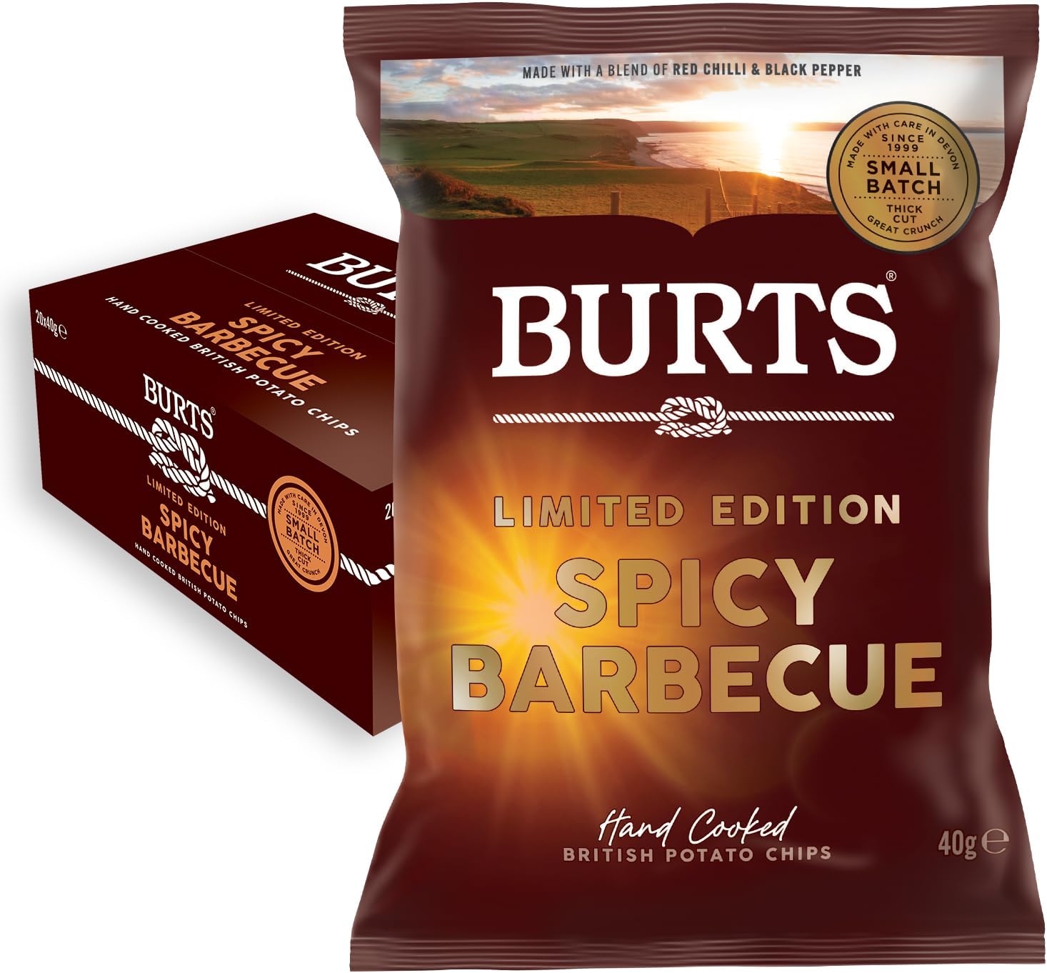 Burts Spicy Barbecue Hand Cooked Burts Crisps - 20 x 40 g Multipack Box - Vegetarian Friendly, Gluten Free, Hydrogenated Fat Free, Non-GMO - Spicy Barbecue Burts Potato Chips