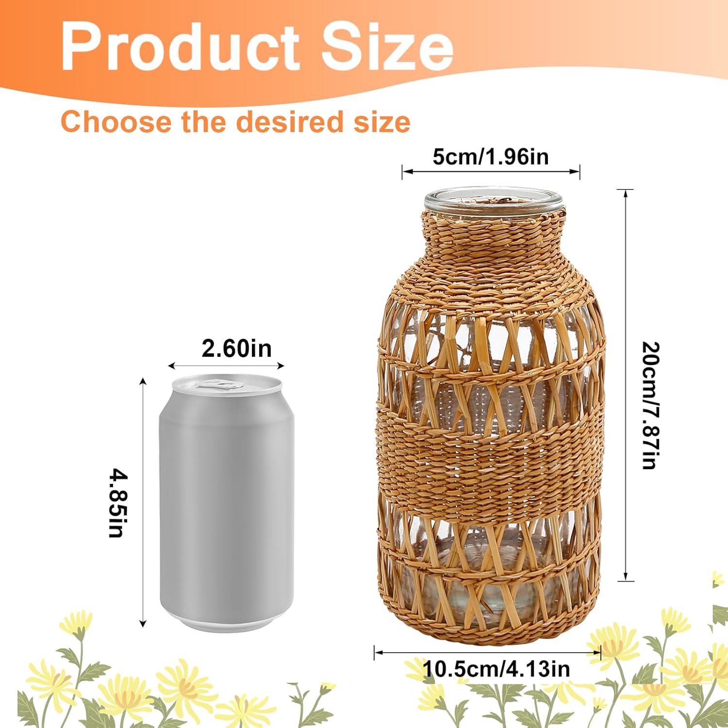 Straw Woven Glass Vase 8.06''x2.75''x4''Boho Glass Flower Vase Country Rustic Style Vase Glass Vase for Floral Arrangements Housewarming Party Home Decor (C Style 8.06IN)