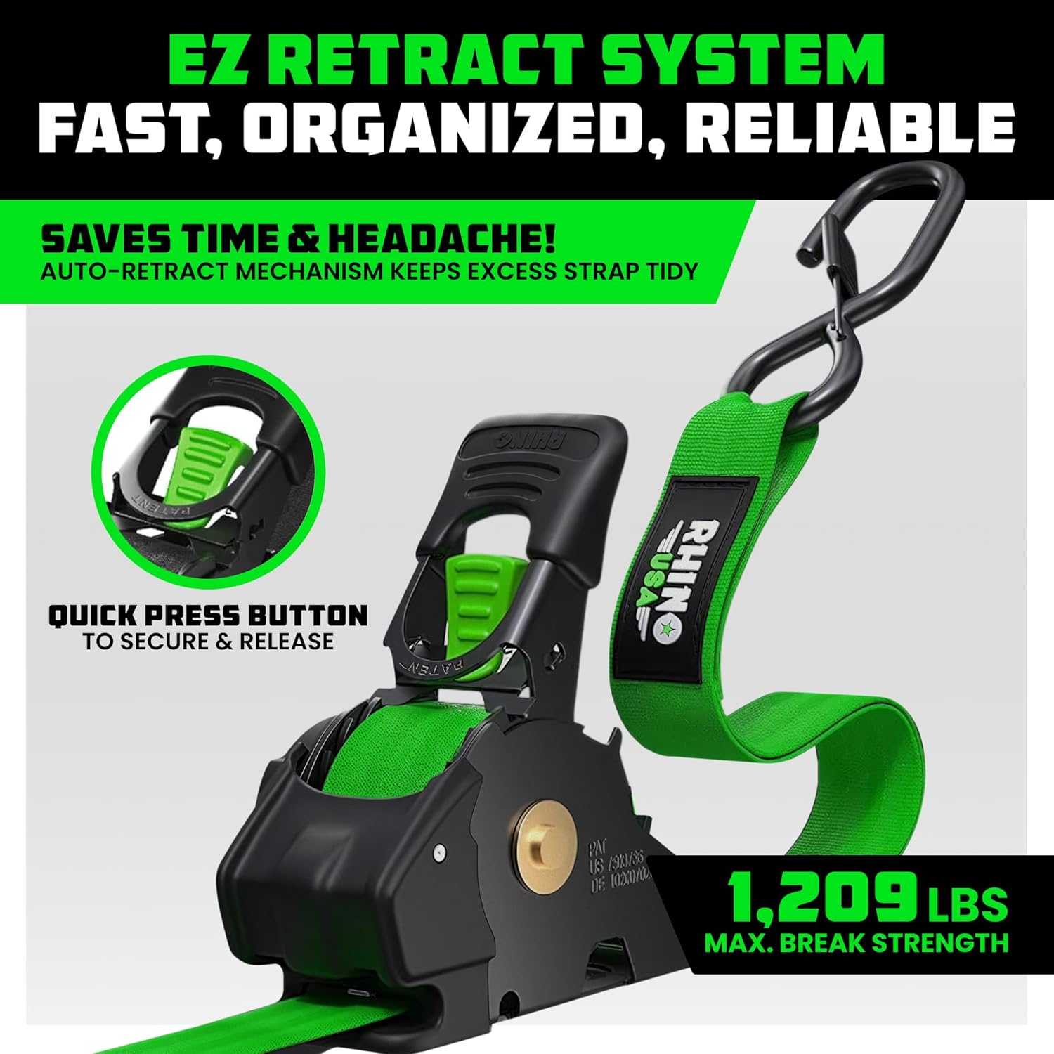 Rhino USA Retractable Ratchet Straps (4-Pack) - 1 Inch x 10 Feet (1,209lb Break Strength) - Auto Self Retracting Tie Down Straps for Truck, Cargo Trailer, Motorcycle, ATV, UTV - Green - Image 2