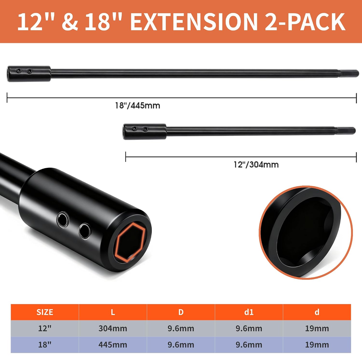 Drill Bit Extension Set, 18'' & 12'' Extension Bit Set for 3/8" Hex Shank, Forstner Bit Extension for 10.5" & 16.25" Drilling Depth, Hole Saw Extension with Hex Key for Cabinetry, Furniture Making