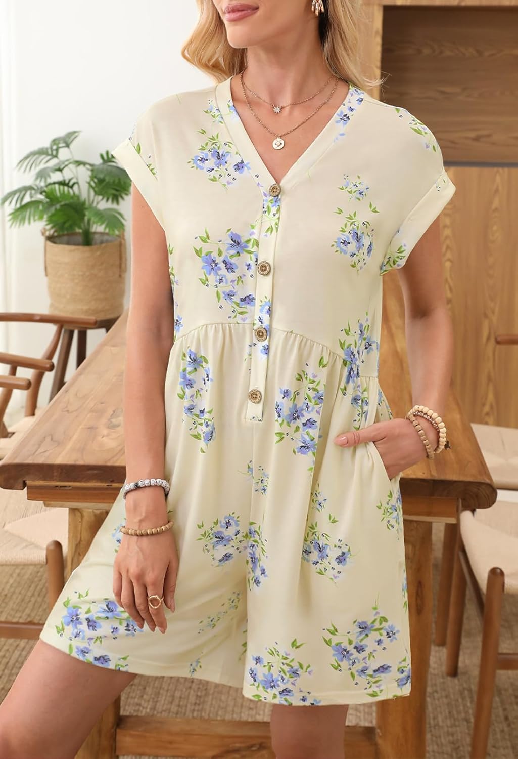 MEROKEETY Womens Romper Summer 2026 Casual Cap Sleeve V neck Button Short Jumpsuit Beach Vacation Outfits with Pockets - Image 3