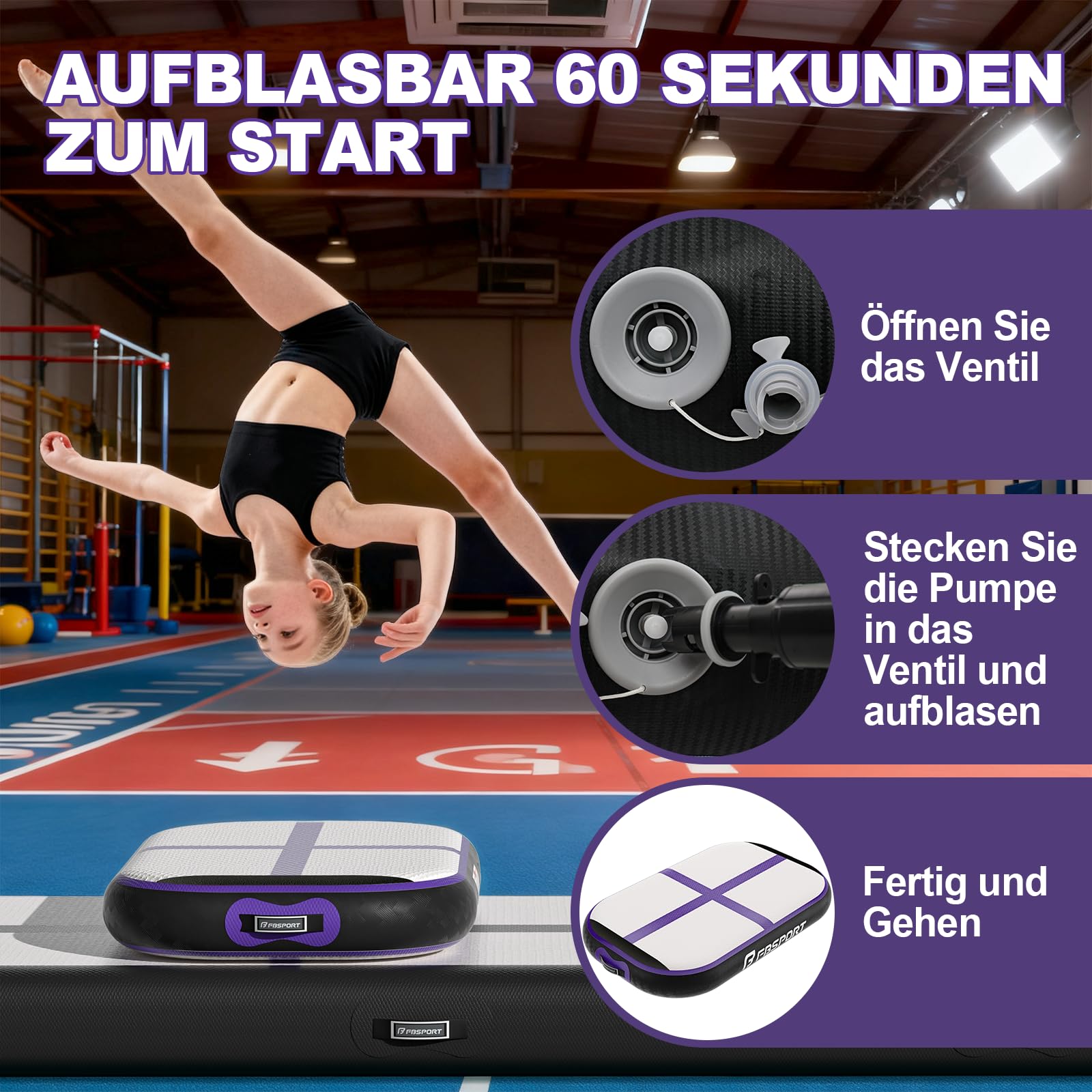 FBSPORT Airtrack Matte, 10/20cm Hoch Verdicken 60CM Tumbling Matte,Gymnastikmatte mit Luftpumpe,Trainingsmatte mit Tragetasche,Turnmatte für Zuhause, Outdoor,Yoga, Übungsgymnastik