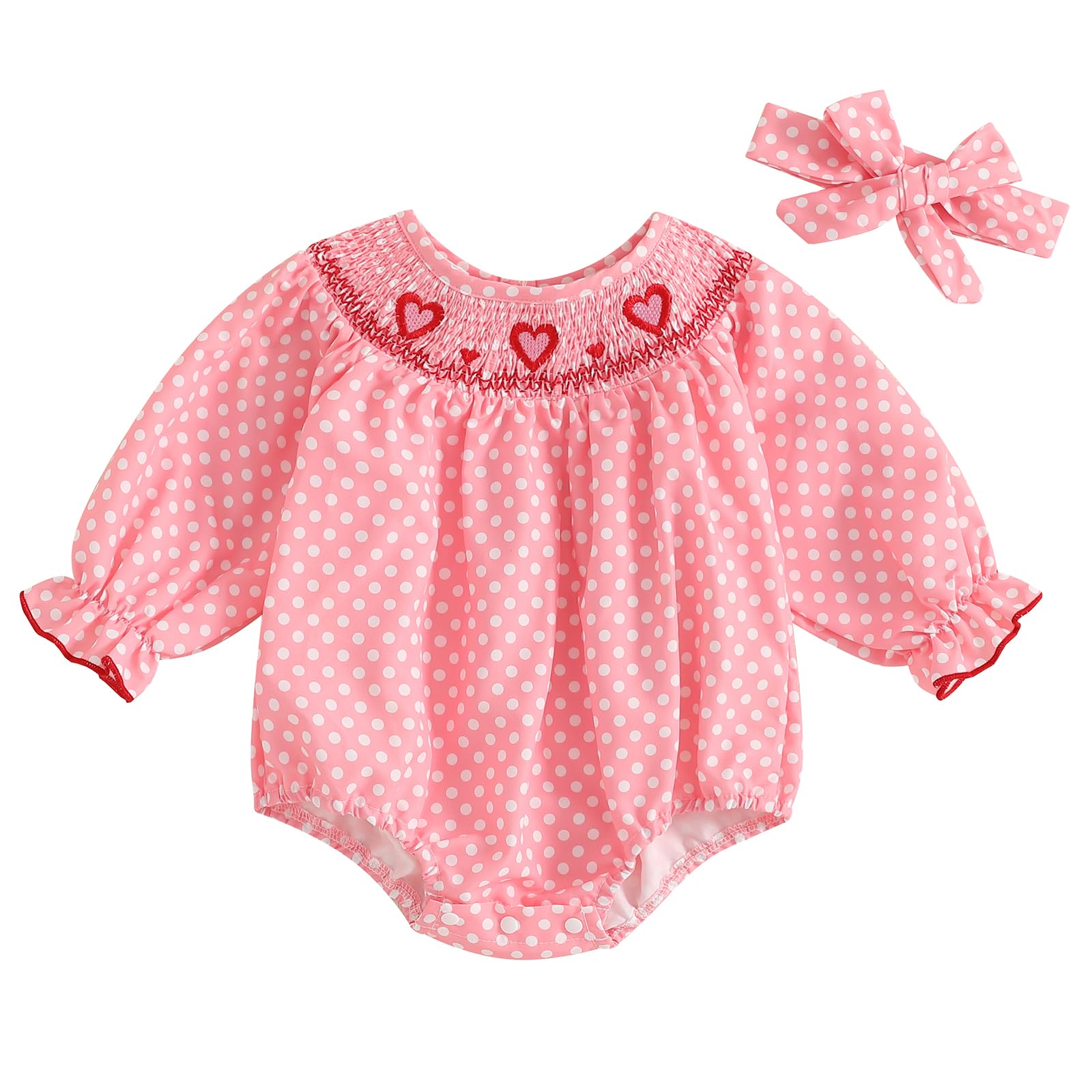 Amiblvowa Baby Girl Valentines Day Outfit Embroidery Love Heart Smocked Bubble Romper Bodysuit Cute Infant Newborn Clothes (Cute Pink, 0-3 Months)