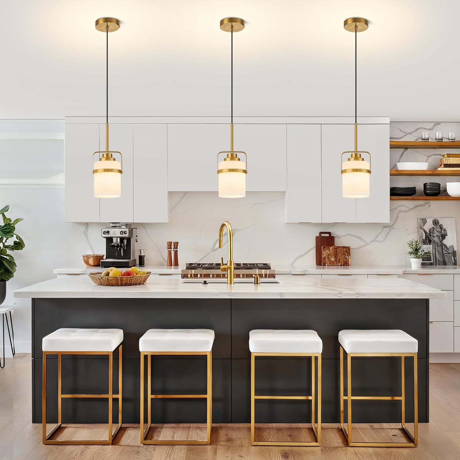 Modern Brass Pendant Lights Kitchen Island Light, Adjustable Hanging Light Fixture with Milk Glass Shade, Farmhouse Pendant Light for Dining Room Bar Over Sink/Table/Counter, 1 Pack