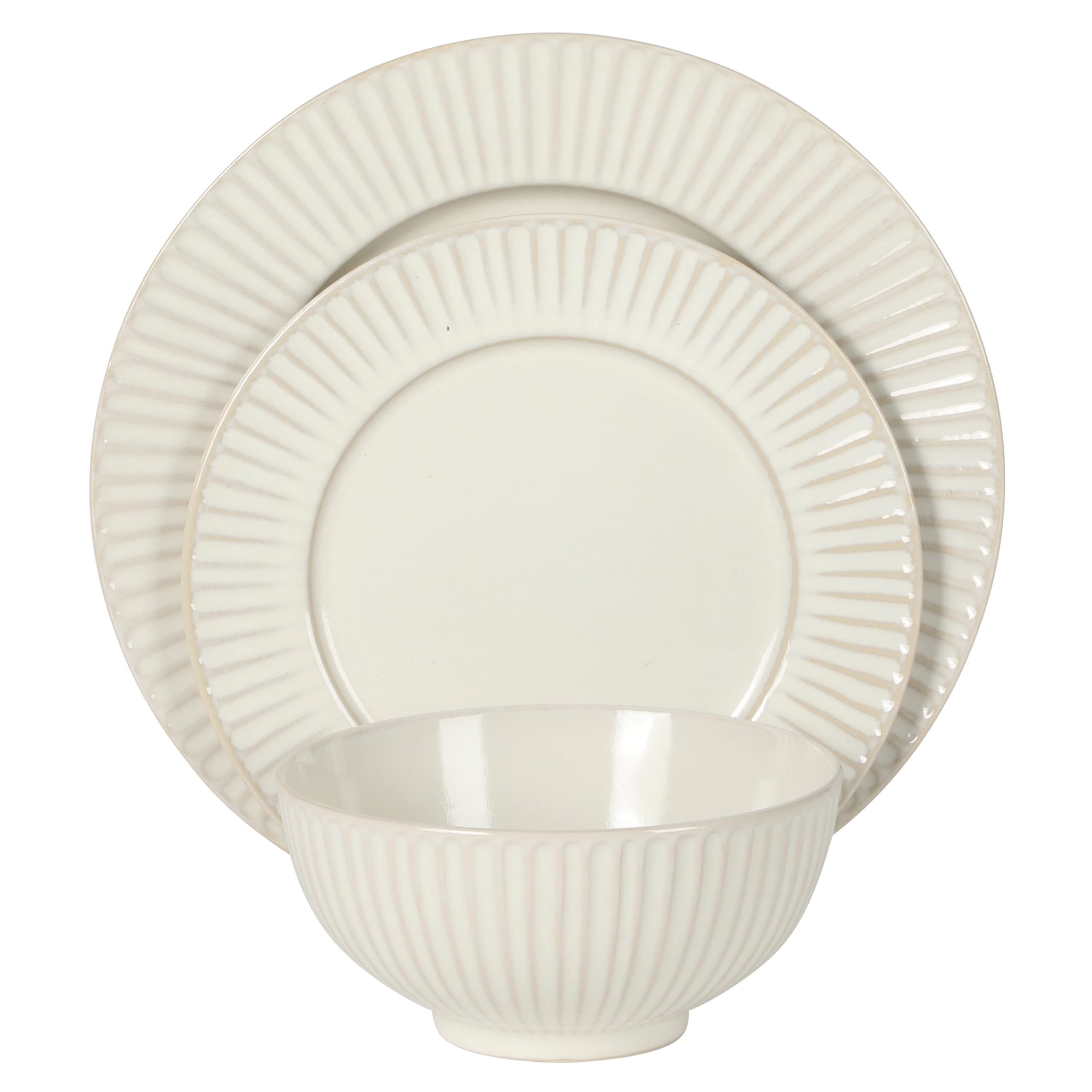 Gibson Elite Soleil Geschirr-Set aus Steingut, für 4 Personen, Teller und Schüsseln, Leinen, Weiß, 12-teiliges Set mit Speisetellern, Salattellern und Schüsseln