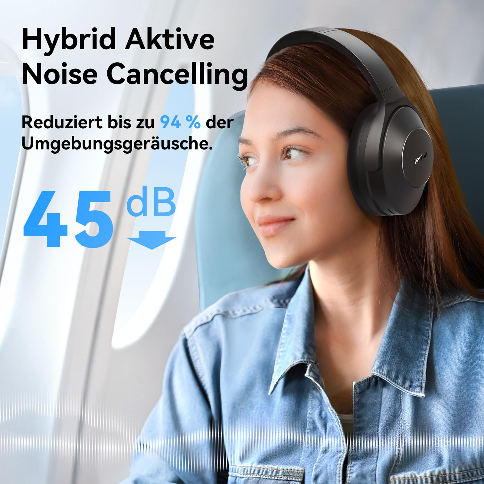 EarFun Wave Life Over Ear Noise Cancelling Bluetooth Kopfhörer Kabellos | Tiefer Bass, Hi-Res Klang, Hybrid ANC, 60 Std. Akku, 4 HD-Anrufmikrofone, Leicht, EQ in APP, Bluetooth Multipoint, EQ in App