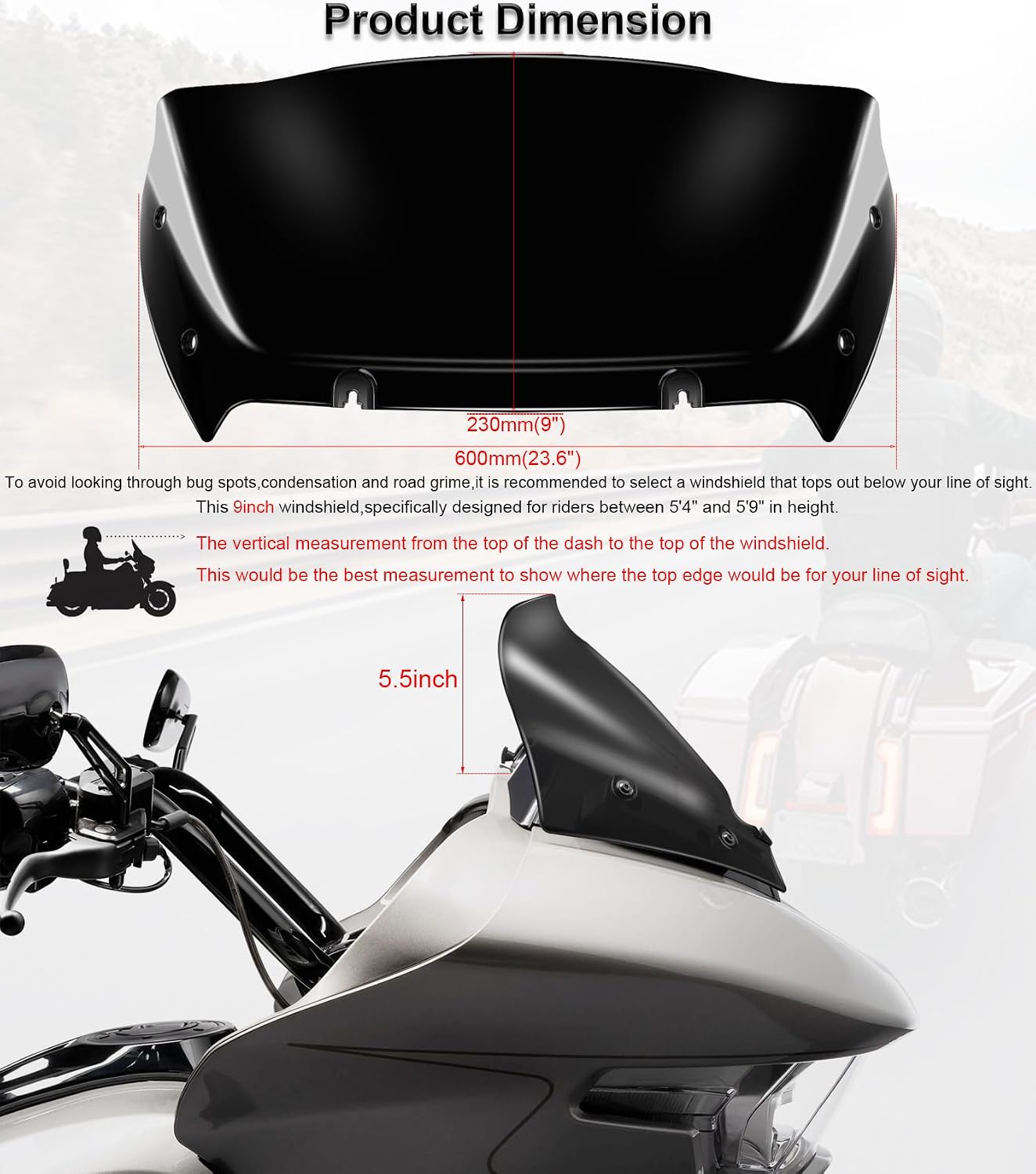 9" Wave Windshield Windscreen Wind Splitter Compatible with Harley Davidson CVO Road Glide FLTRXSE 2023-up, CVO Road Glide ST FLTRXSTSE 2024-up, Road Glide FLTRX 2024-up (Black)
