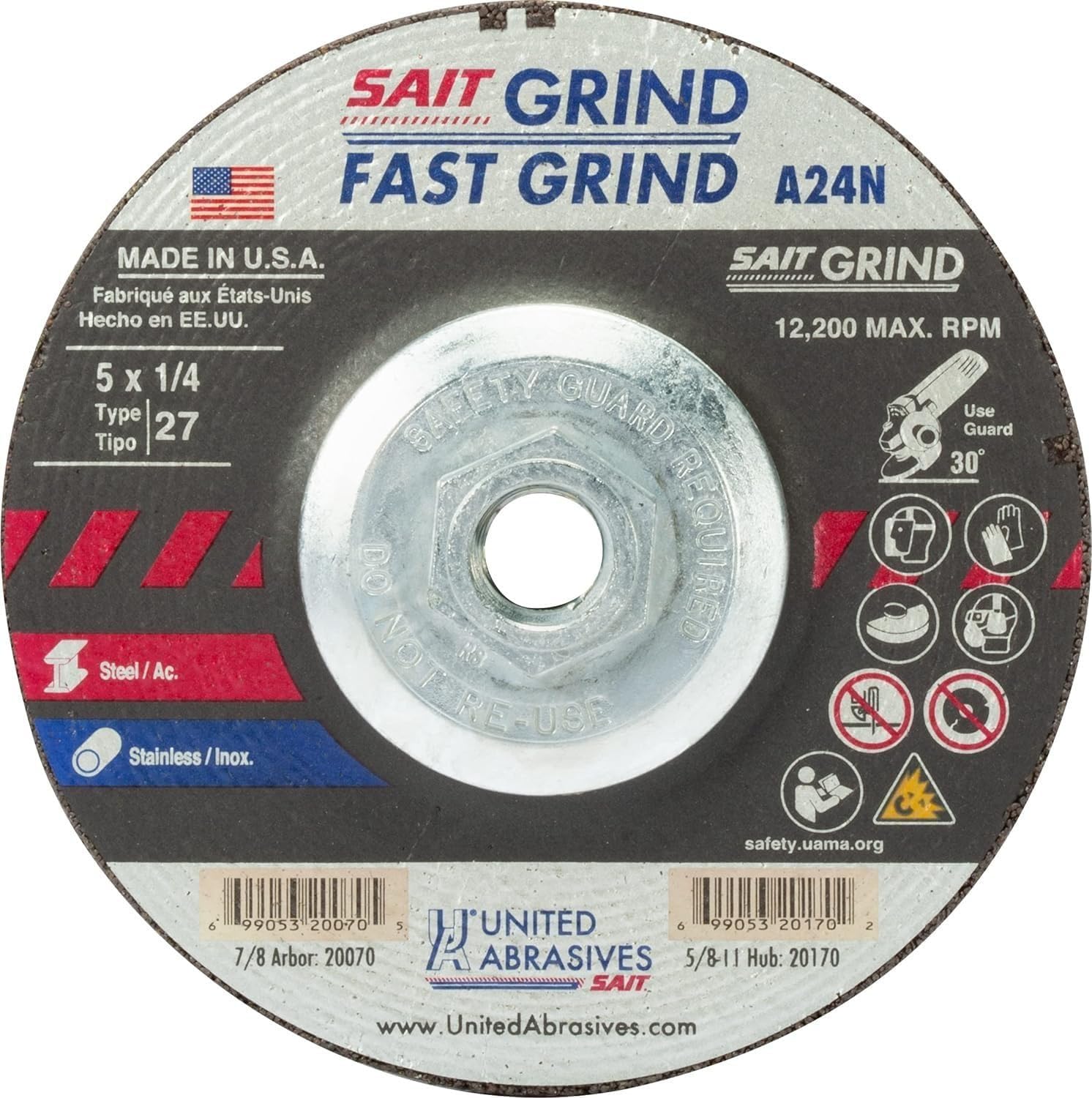 United Abrasives SAIT 20170 5x1/4x5/8-11 A24N Fast Grinding Metal/Stainless Super Lock Hub Grinding Wheels, 10 Pack