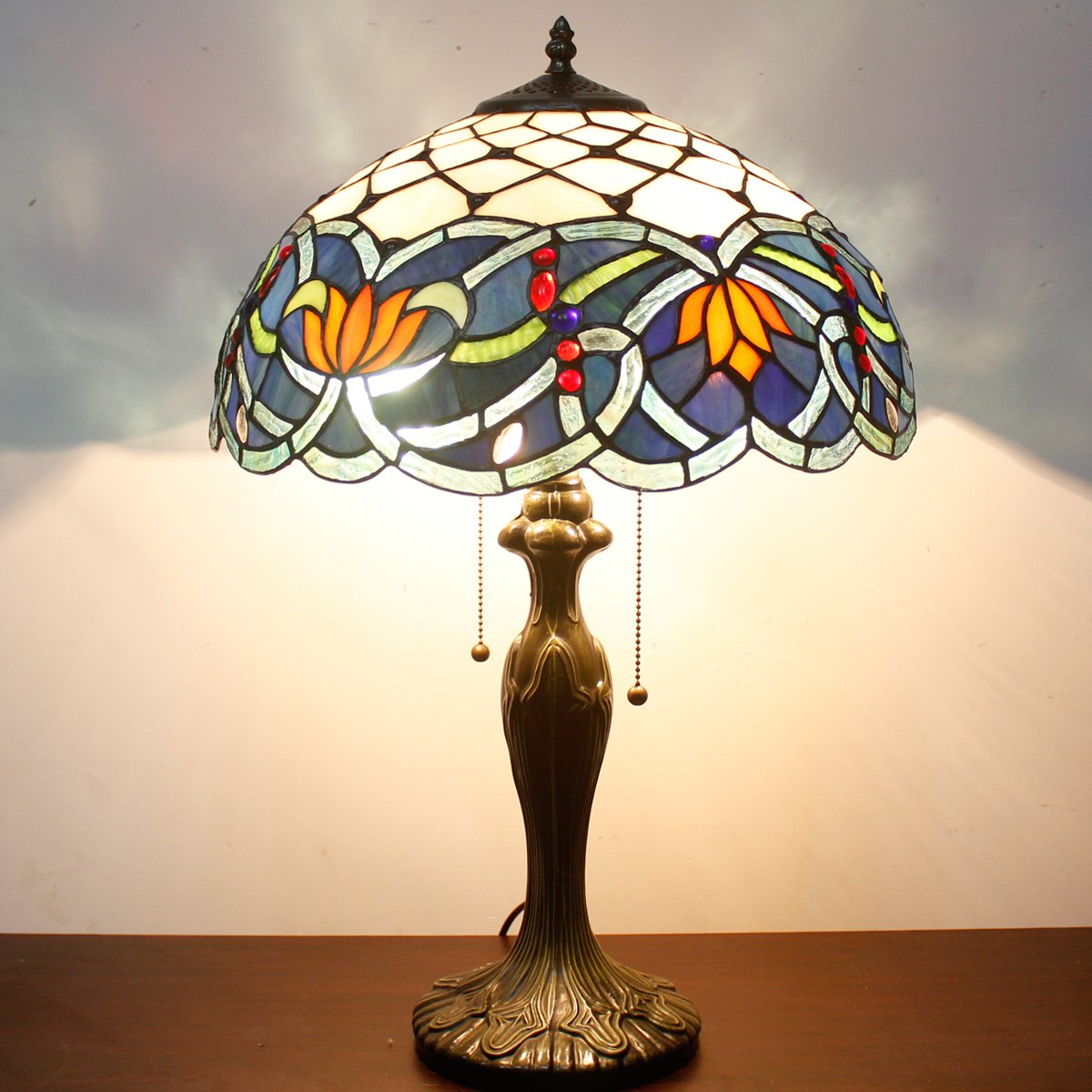 WERFACTORY Tiffany Table Lamp Stained Glass Style Bedside Lamp Blue Lotus 16X16X24 Inches Desk Reading Light Metal Base — view 9