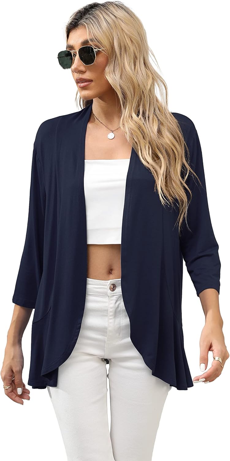 HIYIYEZI Women's Casual Lightweight Open Front Cardigans Soft Draped Ruffles 3/4 Sleeve Cardigan - Image 3