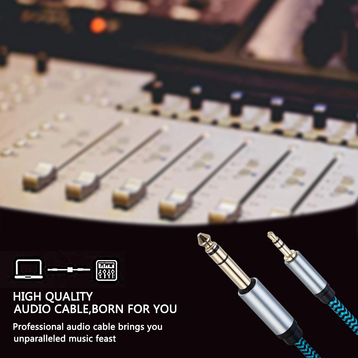 1/8 to 1/4 Stereo Audio Cable, 3.5mm to 6.35mm TRS Male Nylon Braided Cord for Guitar, Keyboard, Amplifier, Mixer, Home Theater 6.6FT