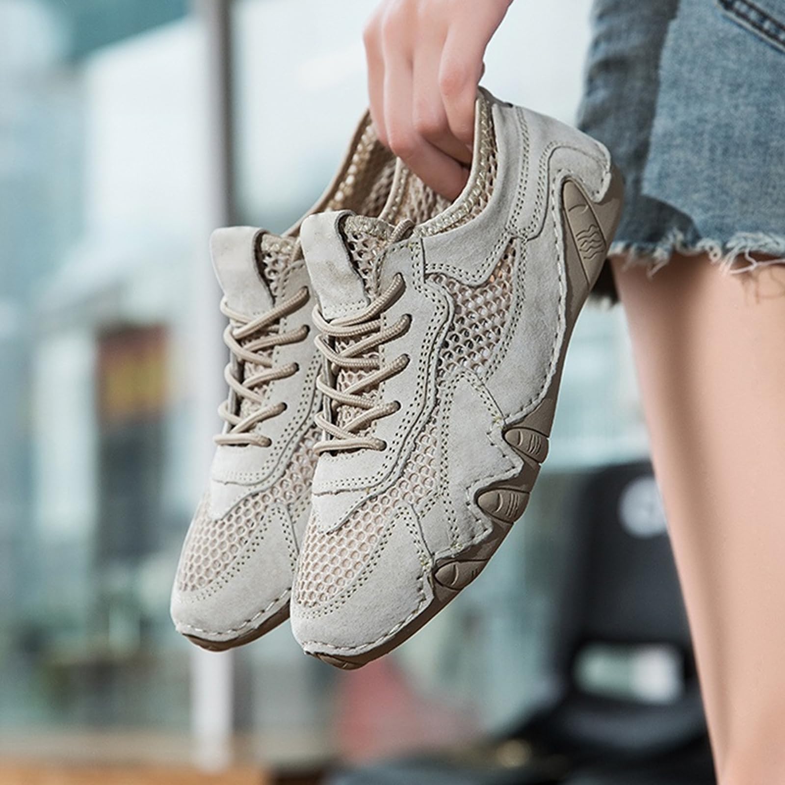 Siateczkowe, szerokie, elastyczne buty do chodzenia, Beżowy, 43 EU | System elastycznych sznurowadeł, miejskie spacery, dojazdy do biura, podróże w czasie wolnym
