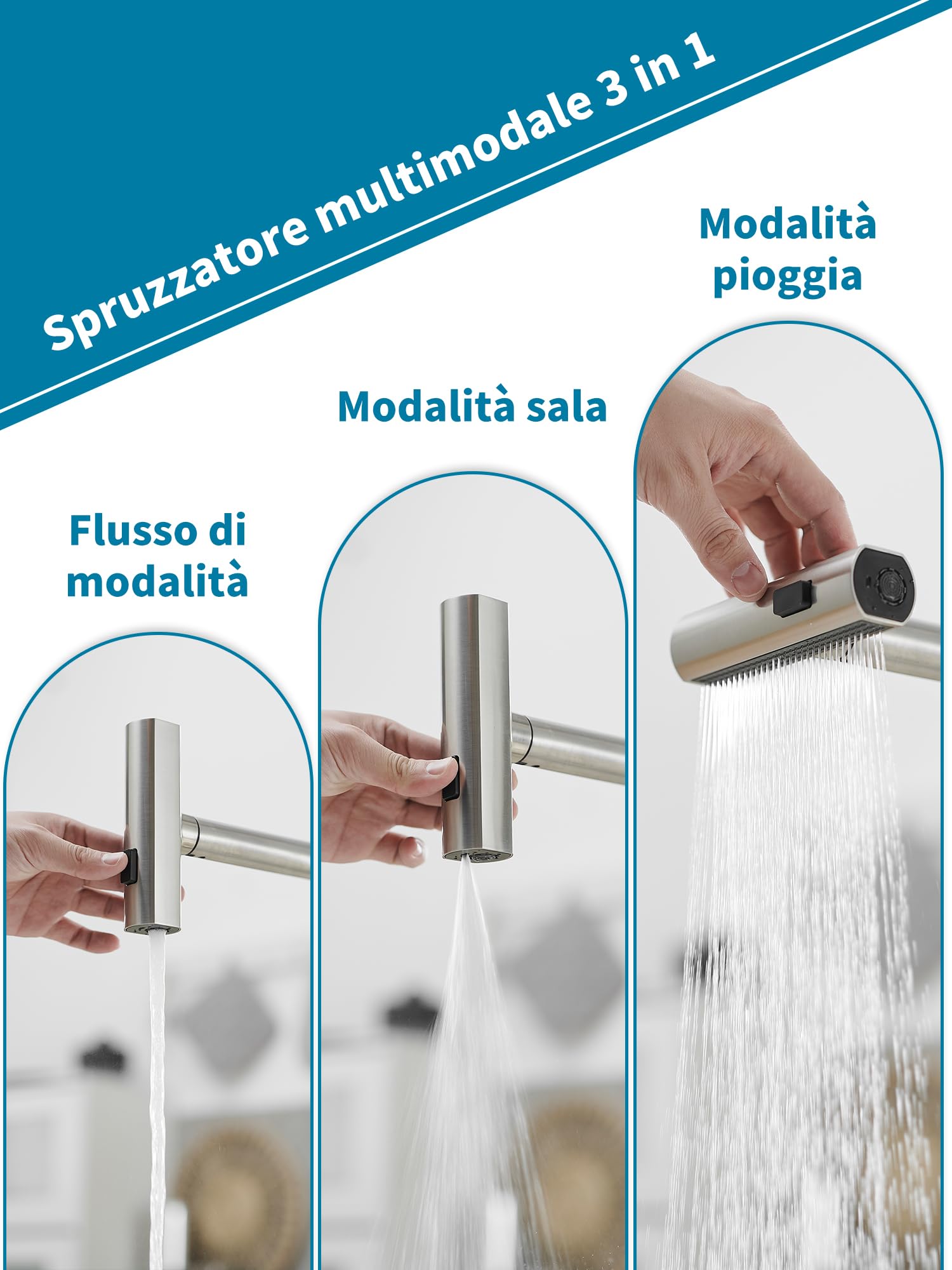 Rubinetto da Cucina con Spruzzatore Estraibile, Rubinetto da Cucina a Cascata in Acciaio Inossidabile, Rubinetto Per Lavello da Cucina Monocomando con Spruzzatore Estraibile Per 3 Funzioni