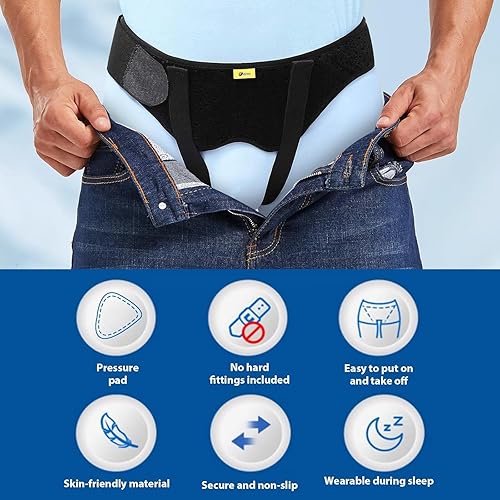 Miniatura 5 de TENB Cinturón de hernia inguinal para hombre, refuerzo de hernias para correa de cintura ajustable posquirúrgica individual/doble con 2 almohadillas