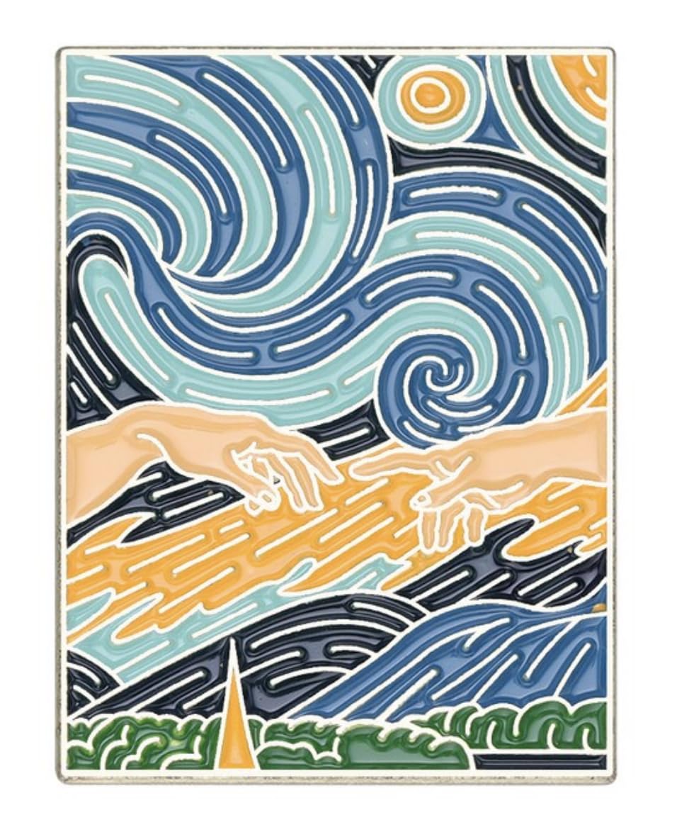 Starry Night Van Gogh Creation of Adam Michelangelo Painting Art Mashup 1.2" Enamel Pin Badge, 1.2 inches tall, enamel, enamel