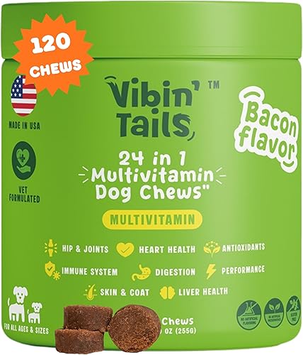 Vibin' Tails Multivitamínico masticable con glucosamina, vitaminas y suplementos para perros, multivitamínico para cachorros y personas mayores,