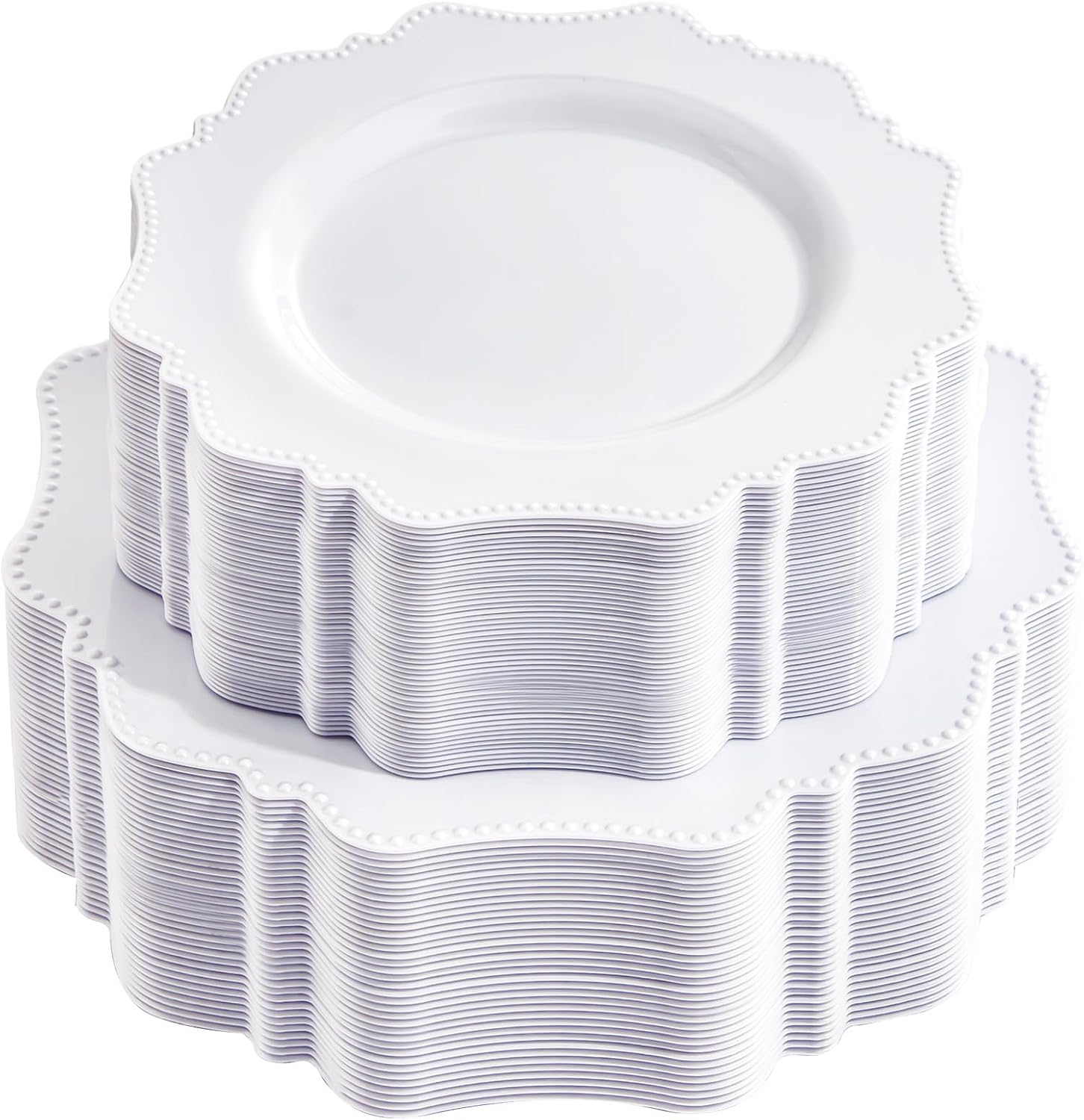 COLOSUS 100 pcs White Plastic Plates Set,Fancy Beaded Plates-European Retro plates include 50 dinner plates and 50 dessert plates,Plastic Disposable plates for BBQ and Party