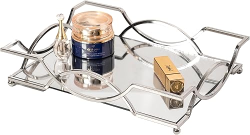 Bandeja de tocador de cristal con espejo, bandeja de maquillaje plateada, bandeja decorativa de metal, organizador de joyas rectangulares,