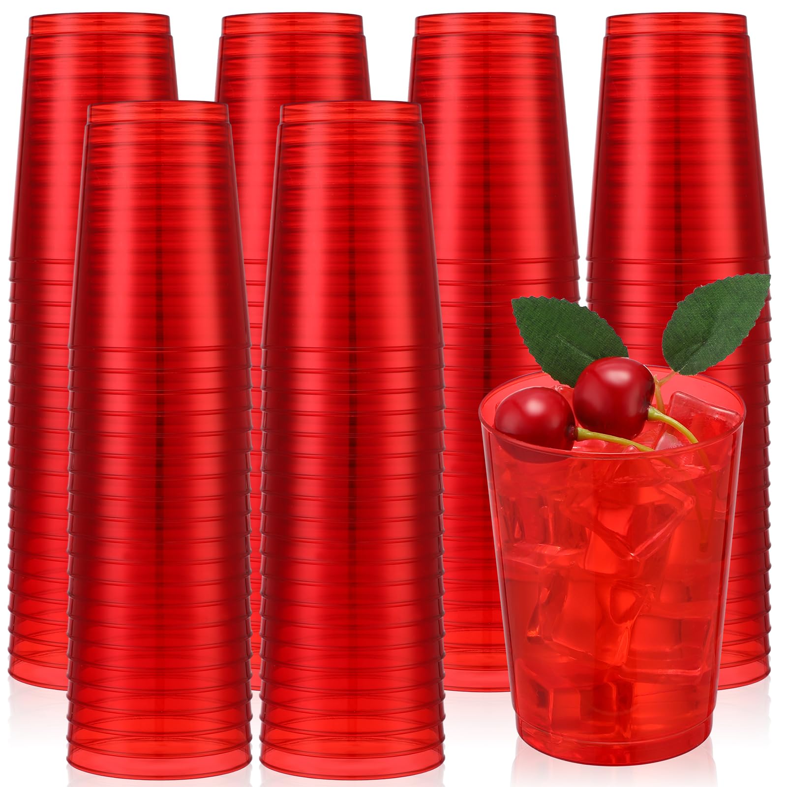 Minatee 100 Count Plastic Cups Disposable Fancy Cups Heavy Duty Wine Cocktail Glasses for Thanksgiving Christmas Birthday Party Supplies Plastic Drinking Tumblers(Red,10 oz)