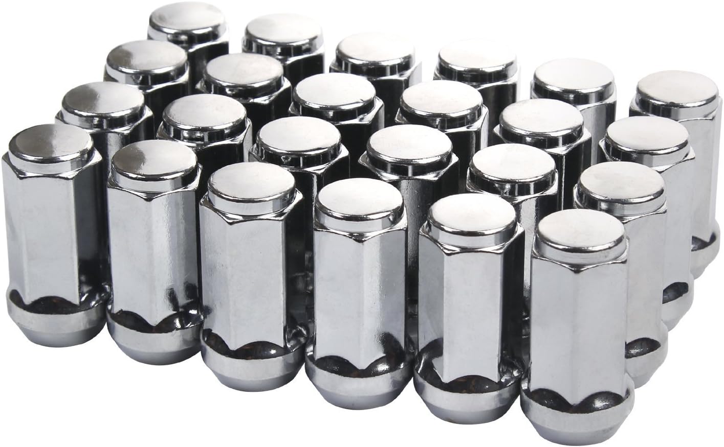 APL-N004 Set of 24pcs Chrome Bulge Lug Nuts Metric 14x1.5 Threads Conical Cone Taper Acorn Seat Closed End Long Extended 45mm 1.8" Length Installs with 19mm or 3/4" Hex Socket for 6 Lug Wheels