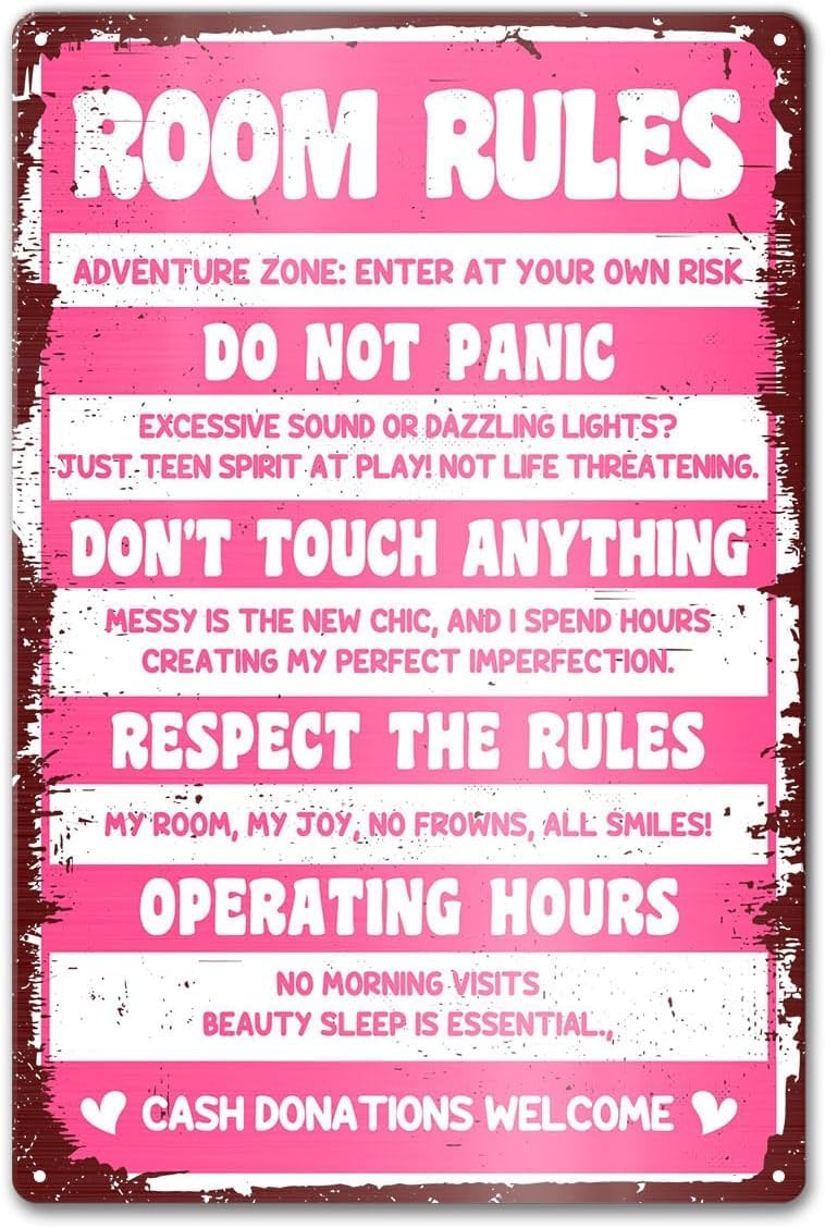 SMAZDFXX Vintage Room Rules Metal Sign Wall Decor for Teen Girls, Pink Preppy Cave Dorm Bedroom Door Accessories Poster 5.5"x8"