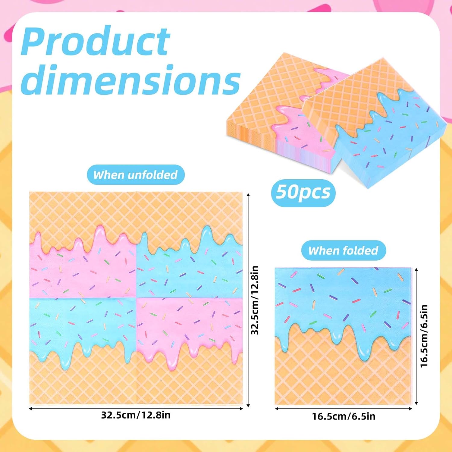 50pcs Summer Ice Cream Party Napkins, Pink and Blue Sprinkles Disposable Napkins Double Printed Dinner Napkin Ice Cream Donut Party Supplies for Home Kitchen Table Decor