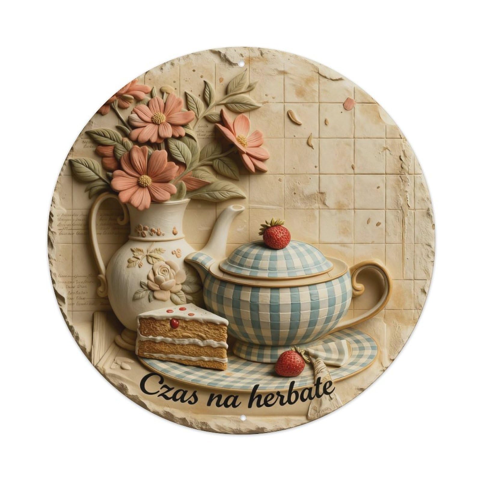 Zlatcbu Vintage Floral Teapot Cake Strawberry Checkered_atq71 Metal Tin Sign Retro Wall Art Poster, Decor For Home Living Room Bar Cafe Garage, 8X8 Inch