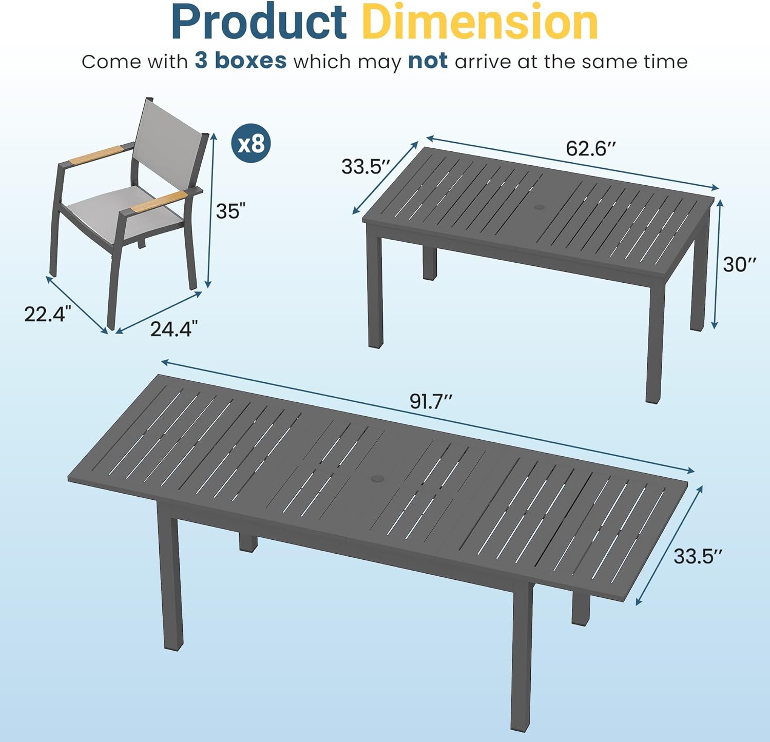 Outdoor Dining Set, Patio Furniture Set with 92" Extendable Dining Table, Outdoor Furniture Set for 4–8 People, All-Weather Aluminum Patio Table and Chairs set for Backyard, Porch, Garden, Grey