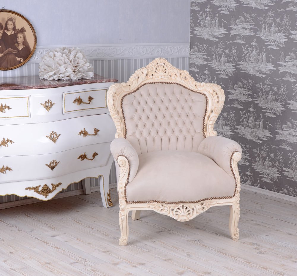 Chaise Baroque Palazzo - Style Vintage Shabby Chic Blanc - Siège Royal En Bois Fait Main (H116 X L80 X P60 Cm, Assise H58 Cm)