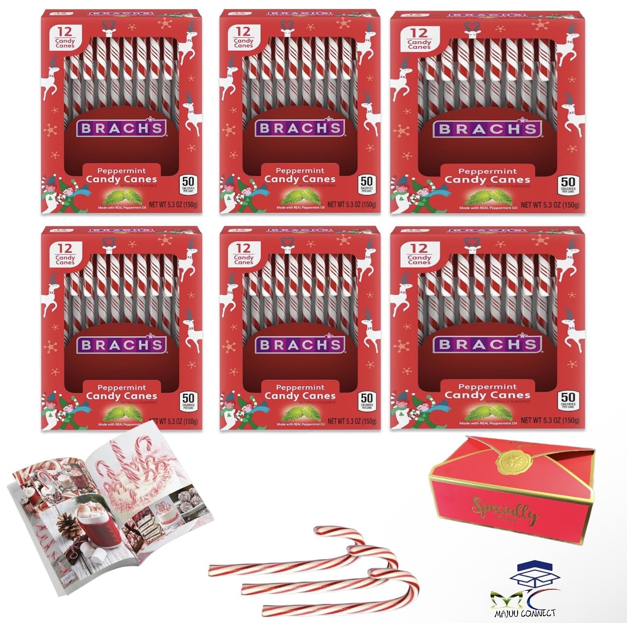CANDY CANES - (72 COUNT) Peppermint Candy Canes, Individually Wrapped Bulk Candy Canes, For Holiday Classic Christmas Candy Bulk, Stocking Stuffer, Red and White Striped Peppermint | Creative Booklet Idea | MAJUU CONNECT Gift Box | Specially For You | Included. (12 Ct- 6 Boxes) 72 Total