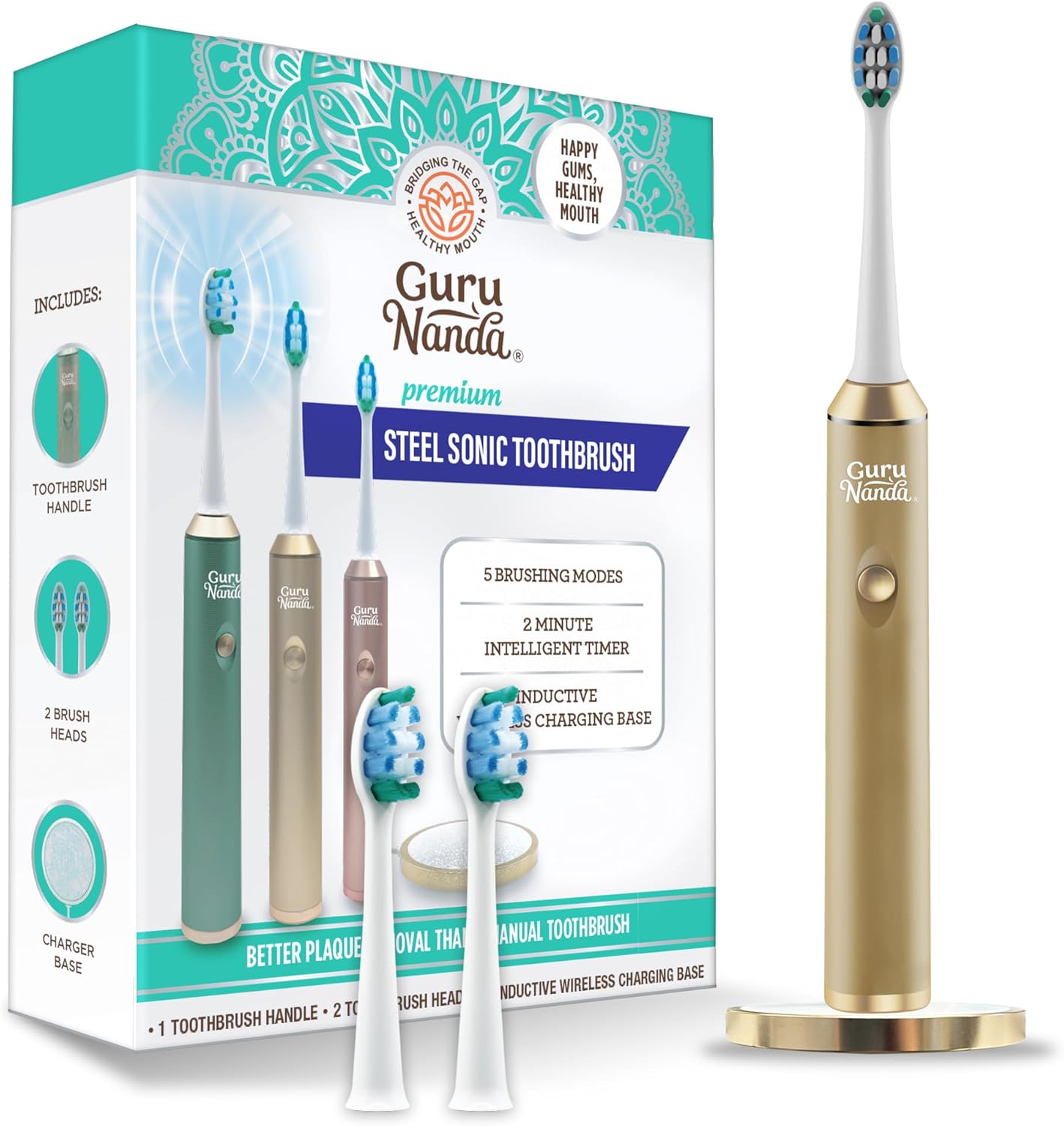 GuruNanda Metal Sonic Toothbrush – Rechargeable, 5 Modes, 2 Min Good Timer & Alternative Brush Heads – Gold