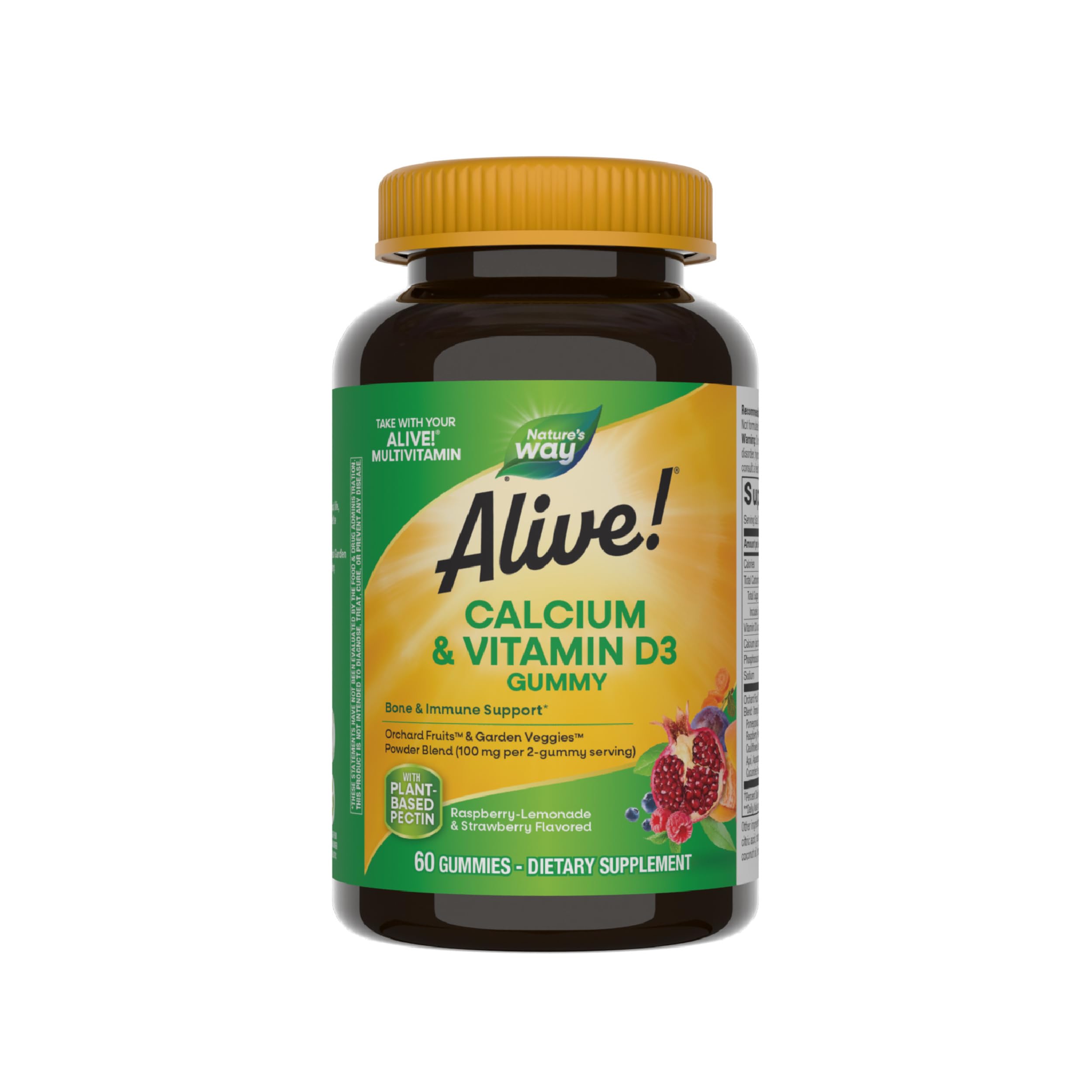 Nature's Way Alive Calcium + D3 60 Gummies | Bone & Immune Support | Orchard Fruits & Garden Veggies Blend - Rasberry, Lemonade & Strawberry Flavoured | 100mg per 2-gummy serving Dietary Supplement