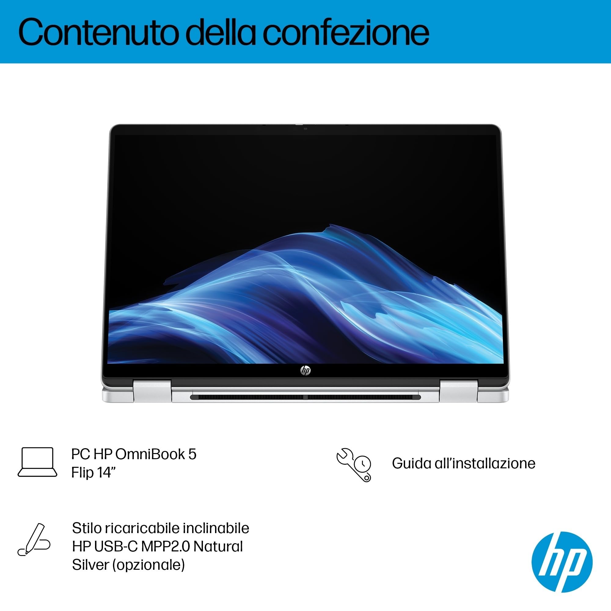 HP OmniBook 5 Flip 14-fp0004sl, Notebook, (Processore Intel Core 3 100U, 8GB RAM, 512GB SSD, Windows 11), Lavoro d'ufficio avanzato, Multitasking, Convertibile, Tastiera Italiana QWERTY, Argento
