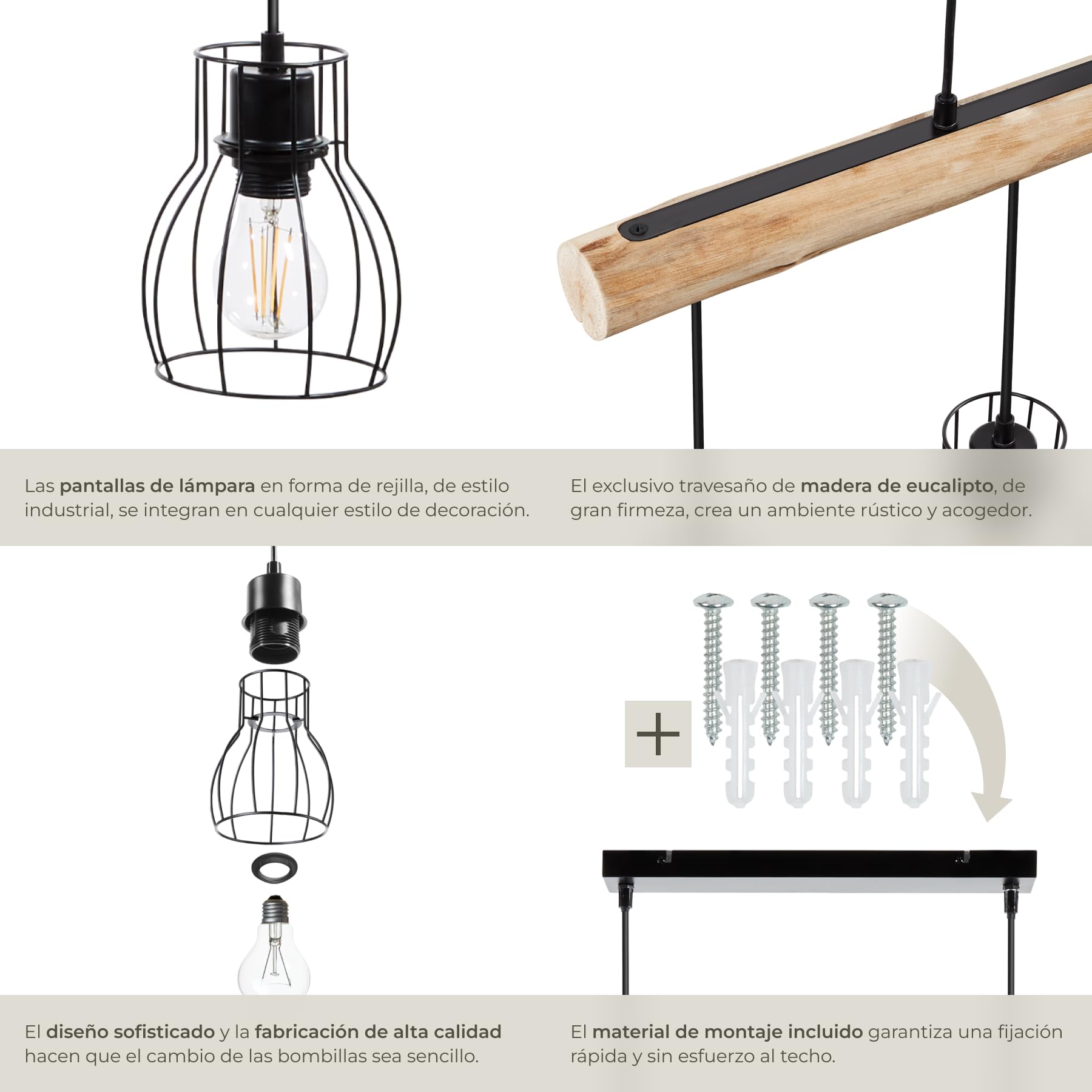 tectake® Lámpara colgante con 4 luces, estilo industrial moderno, con viga de madera rústica y rejilla de acero, suspensión ajustable, lámpara de techo ideal para salón, comedor, dormitorio o pasillo