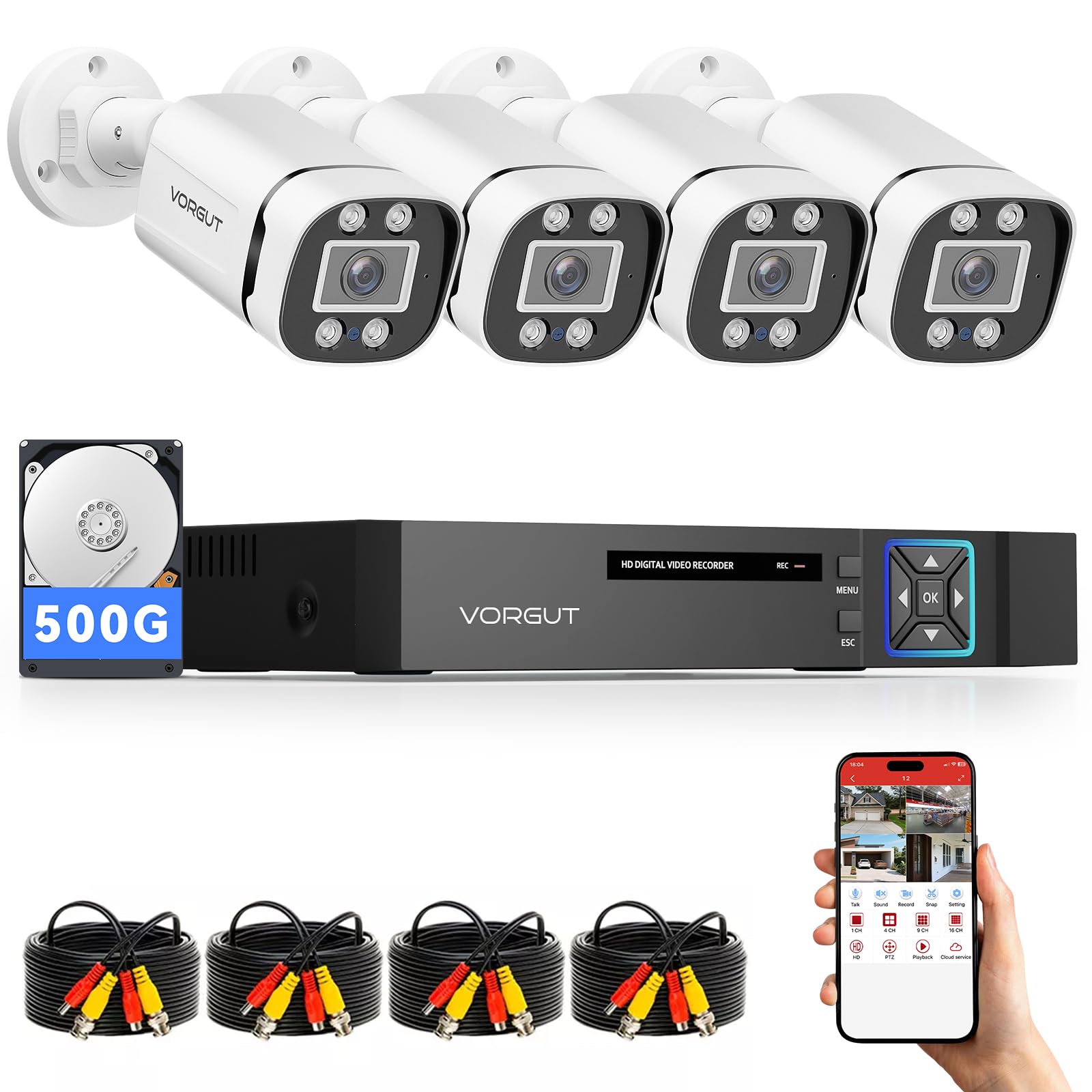 Wired Security Camera System Outdoor,4X 3MP Bullet Camera,500G HDD