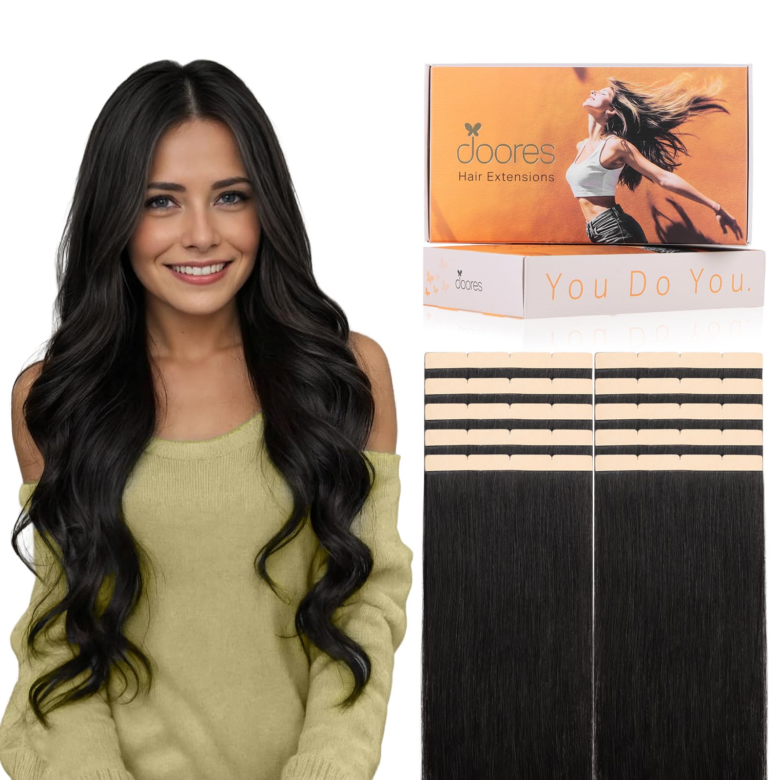 DOORES Wide Tape in Weft Hair Extensions, 18inch 50g 10pcs, Natural Black