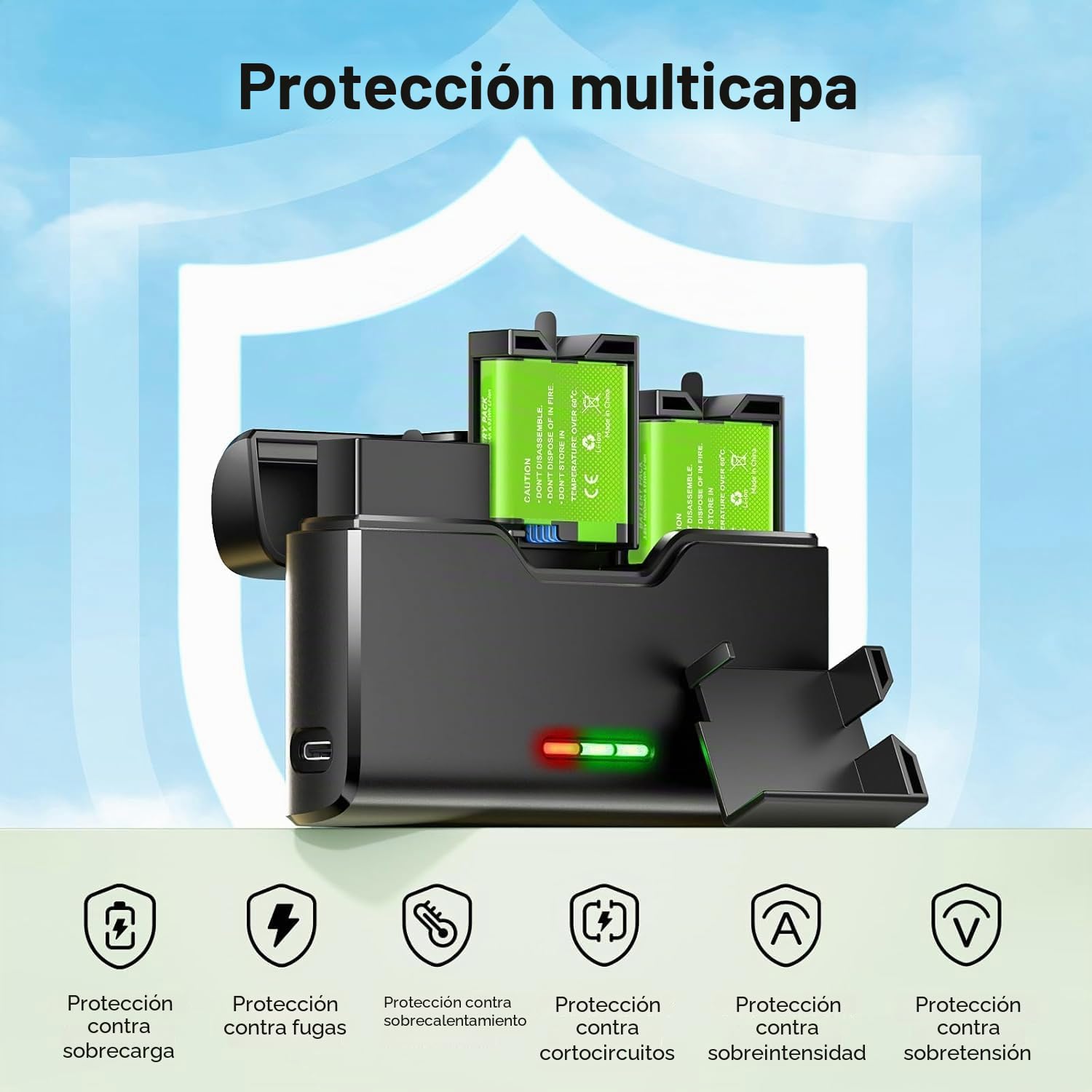Cargador de batería para Go Pro Hero 12/11/10/9/8/7/6/5-3 Ranuras Cargador de batería con Accesorios para batería, 2 memorias para Tarjetas TF, Carga rápida, Apta para Bajas temperaturas
