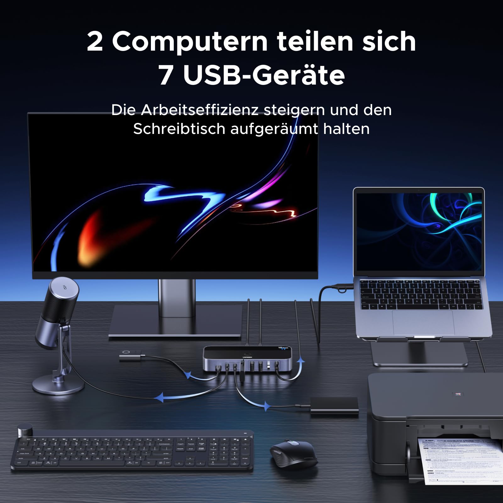 UGREEN 2 In 7 Out 10Gbps USB Switch 2 PC USB Umschalter mit 3C4A Ports, Netzteil, Fernbedienung und 2xC auf A/C Kabeln, KVM Switch kompatibel mit Mac mini M4/M4 Pro, MacBook Air M4, Windows usw.