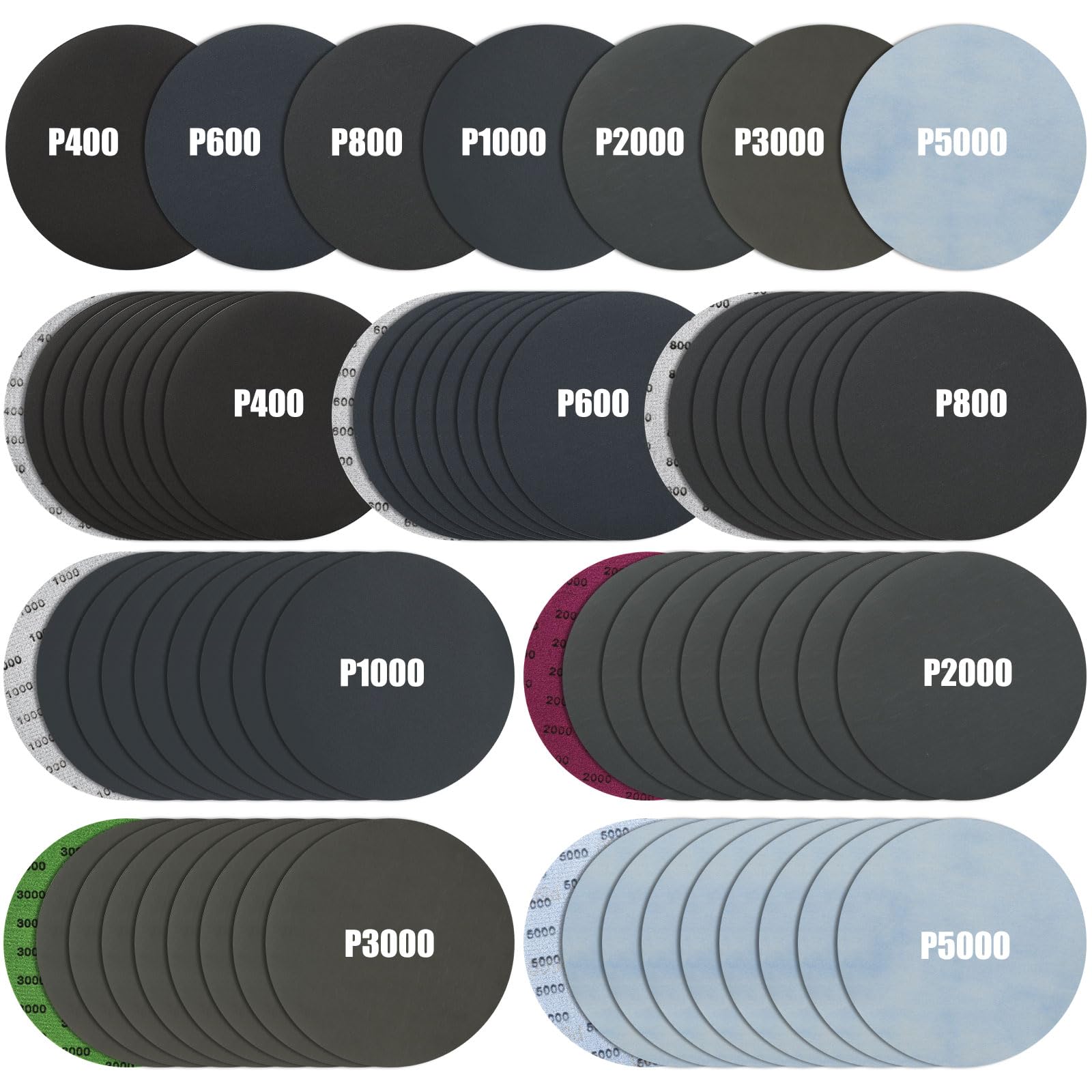 70 Pcs 150mm Sanding Discs Wet and Dry Sanding Pad Assorted 400 600 800 1000 2000 3000 5000 Grit Hook and Loop Sandpaper for Automotive Polishing Metal Restoration Glass Ceramic Finishing