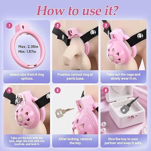 Miniatura 21 de Preciosa jaula de castidad masculina rosa, dispositivos de castidad ligeros con cabeza de silicona suave, 6 anillos para el pene para el pene, jaula