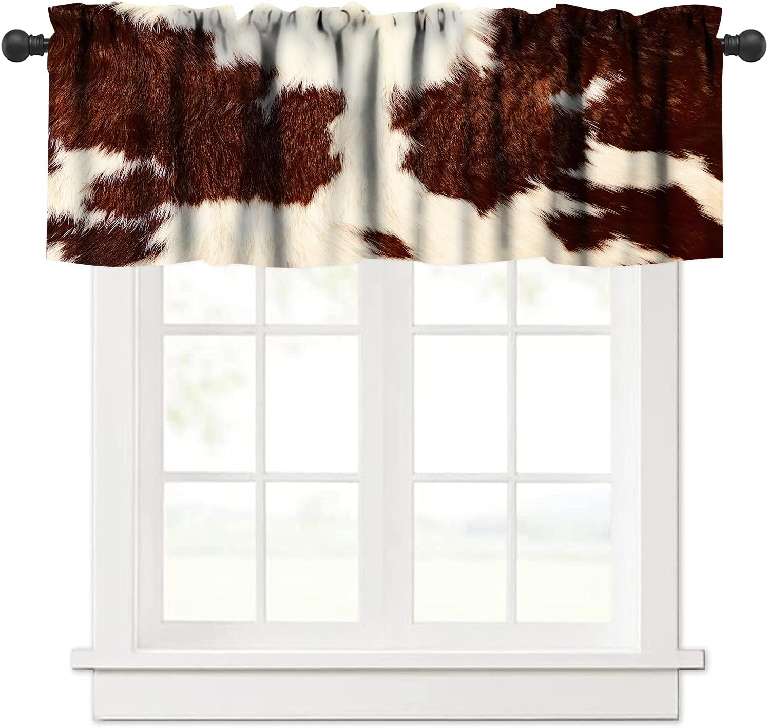 Cowhide Animal Kitchen Curtain Valance, Vintage Brown White