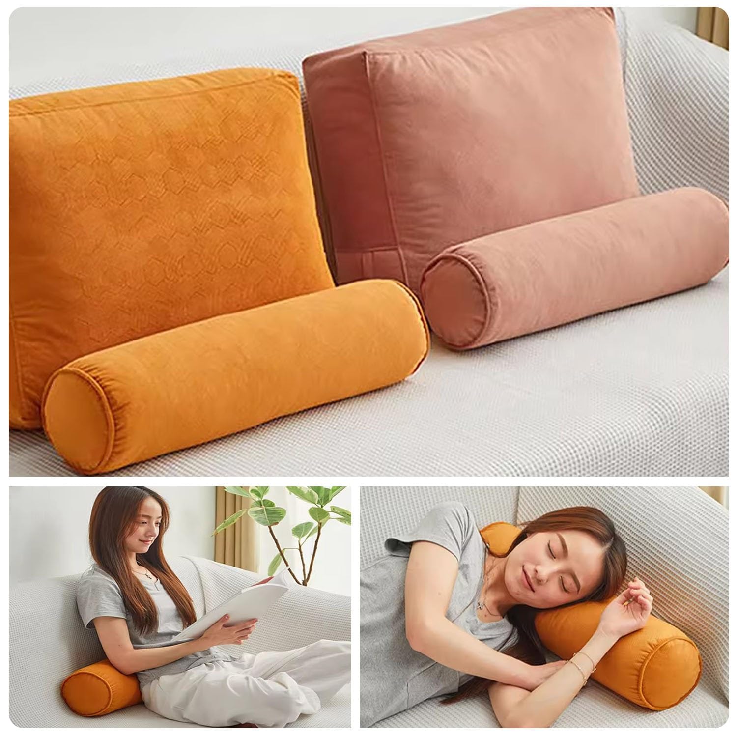 Almohada Cervical Cilíndrica del Cuello, Almohada Lumbar Larga, Cojín Cilíndrico, Almohada de Apoyo, con Funda Extraíble, para Dormir/Hogar/Oficina, Sofá(Beige,20x120cm/7.8x47in)
