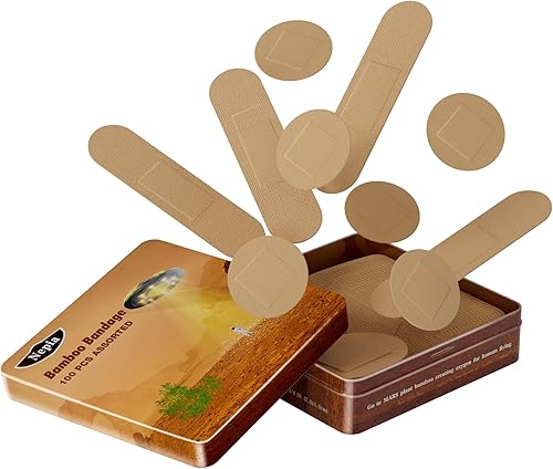 Nepia 100 unidades de cajas de lata de bambú para piel sensible, vendaje ecológico, vendajes sin látex, paquete familiar, compostable,