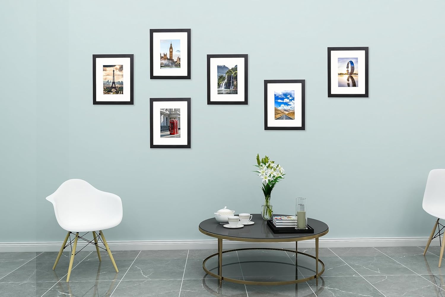 The Display Guys - 8x10 V-Series Low Profile Wooden Picture Frames - 5x7 Mat - Plexiglass - Easel - Black - 6-Pack