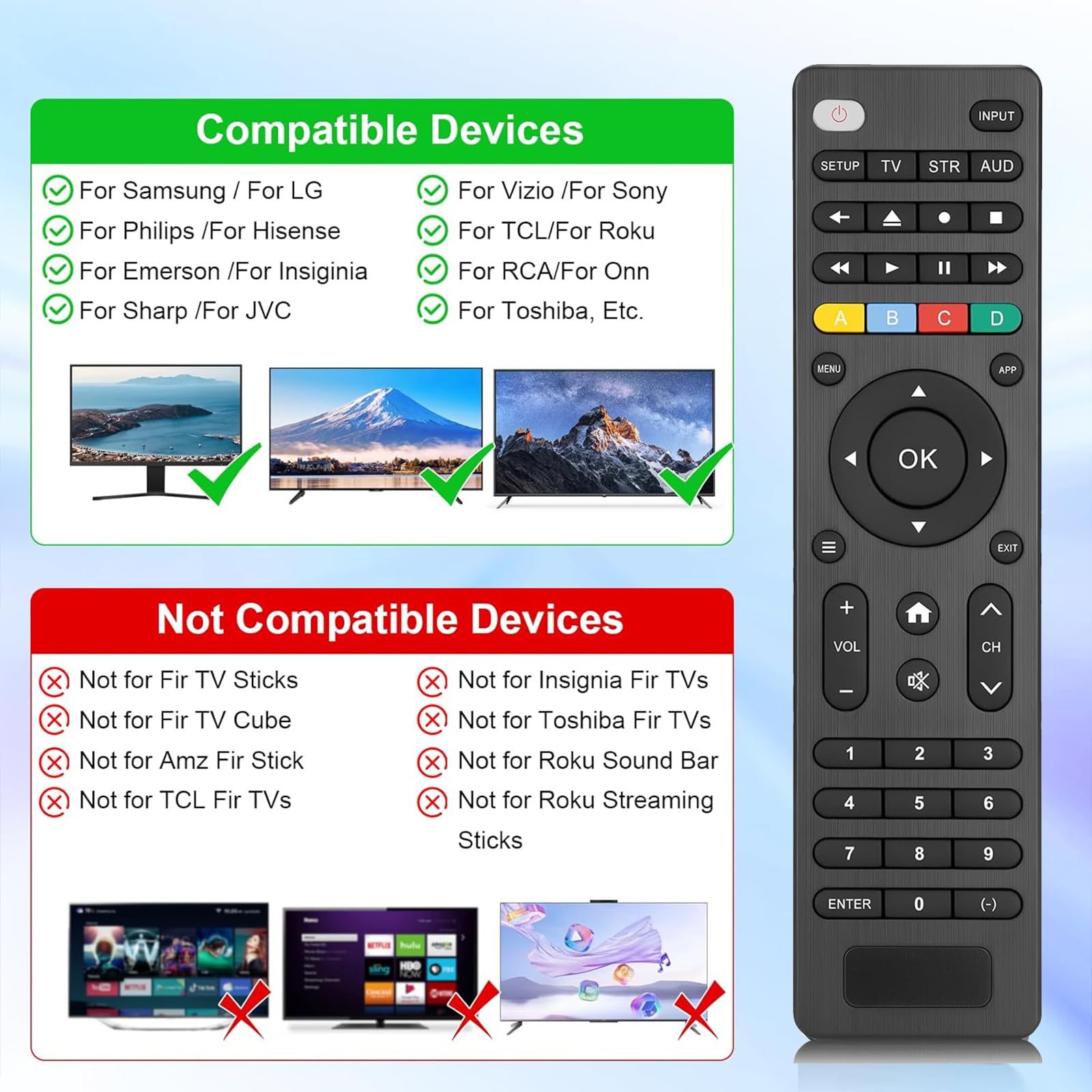 Télécommande universelle compatible avec Samsung/LG/Sony/Vizio/Hisense/T'CL/Insignia/Toshiba/JVC/Philips/Sanyo/Onn/Sharp/RCA/Element/Westinghouse/Emerson et lecteurs DVD/Blu-ray