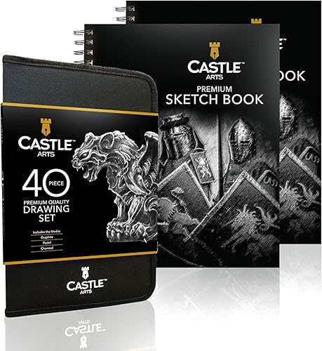 Castle Art Supplies Paquete completo de artículos esenciales de dibujo | 40 piezas de suministros de dibujo con grafito, carbón y pasteles + 2