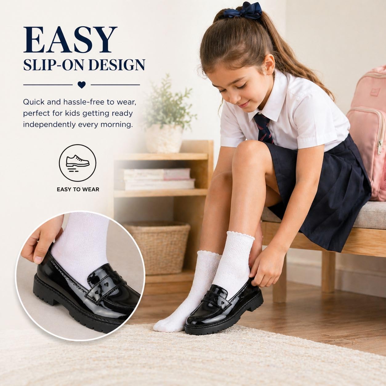 A2Z 4 Kids Mocassins pour filles - Noir - À enfiler - Bordure en forme de cœur - Semelle épaisse - Confortable - Durable - Pour la rentrée scolaire - Pointure 38 - Pour enfant à 36