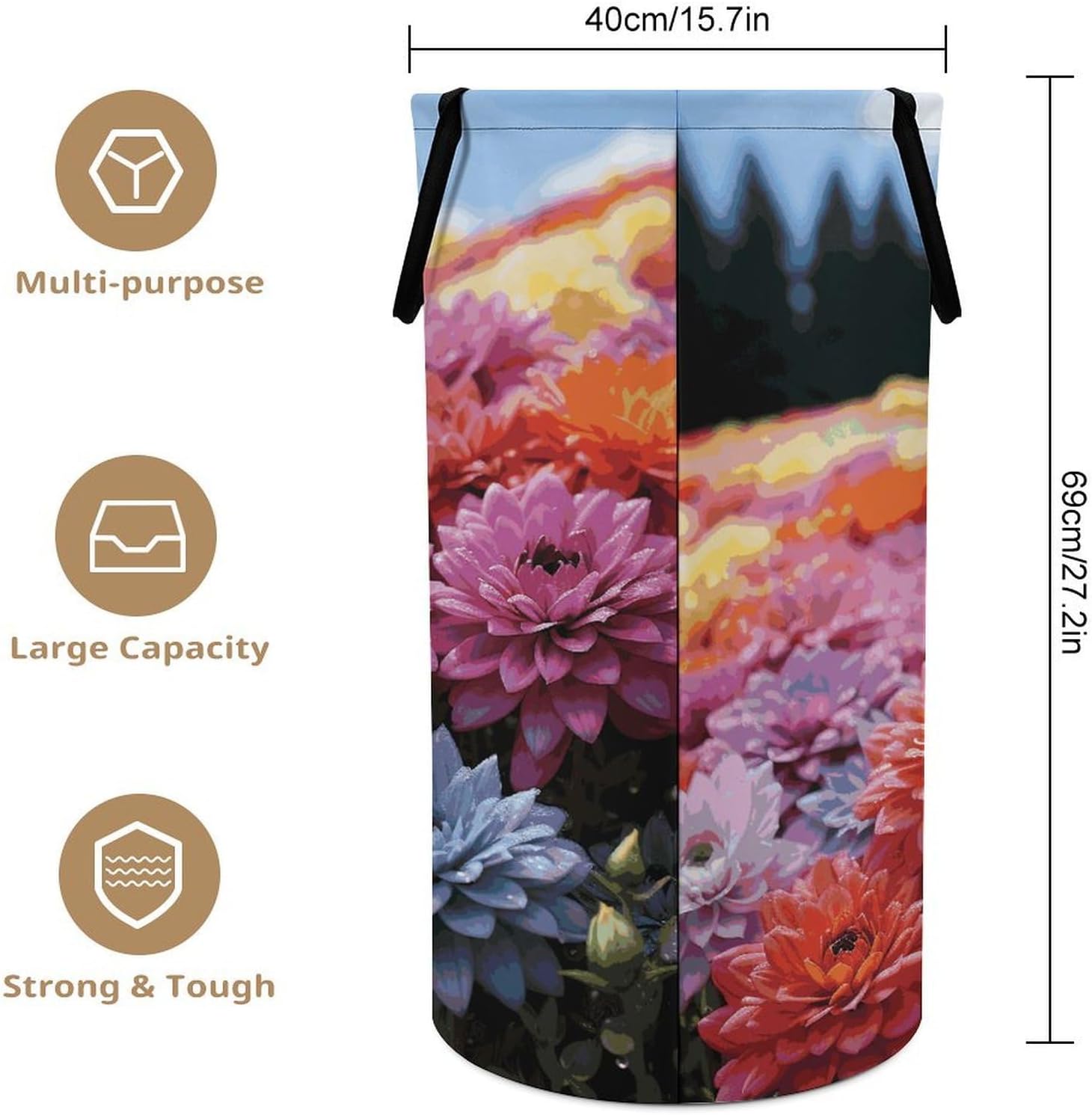 Rainbow Flower SeaLaundry Hamper - Large Dirty Clothes Bag.Storage Basket for Easy Carry Handles. Large Clothes Basket with Handles, Clothing Storage Bucket Toy Organizer for Bathroom Bedroom Dorm.