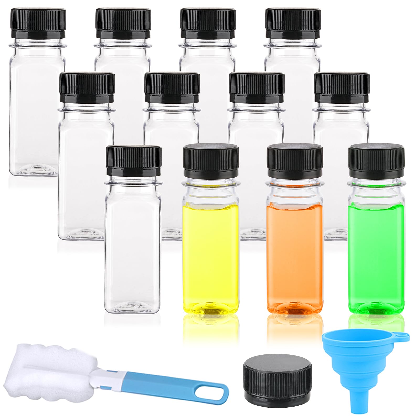 LOVLLE 2 Oz Plastic Mini Clear Ginger Shots Bottles with Lids, 12 Pack, Leakproof, Portable, Versatile, BPA-Free